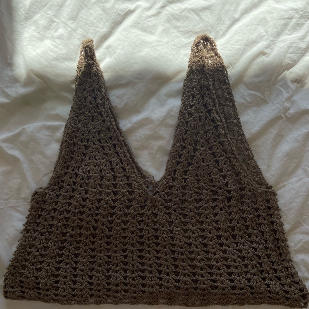 Crochet V-Neck Tank Top - Brown